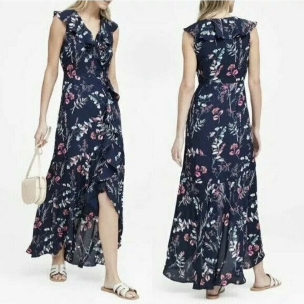 BANANA REPUBLIC Blue Floral Faux Wrap Maxi Dress 20